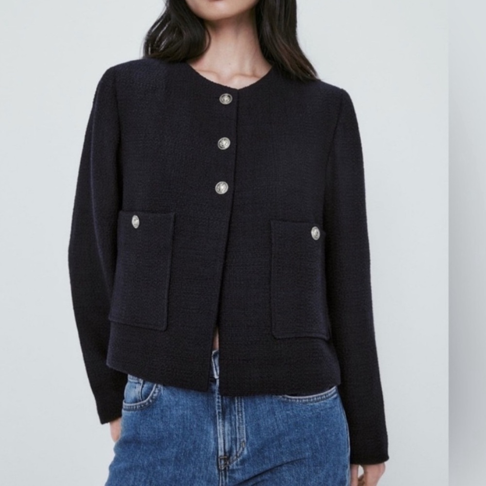 Massimo Dutti Women’s Black Boucle Tweed Jacket Parisian Gold Buttons